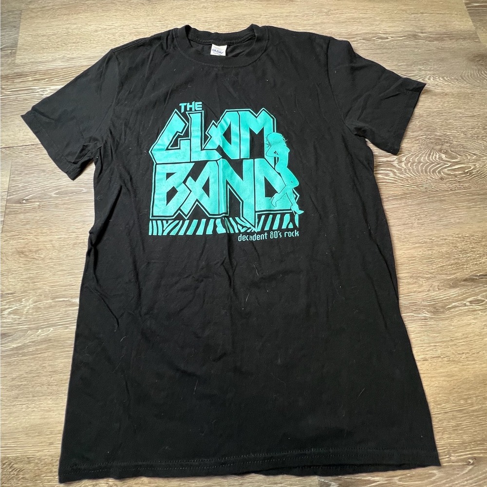 The Glam Band T Shirt Mens Medium Black Teal 80s Rock style Graphic Tee